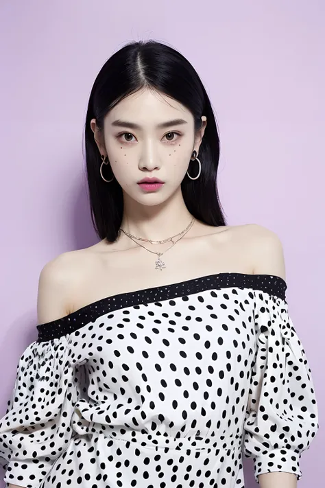 (extra detailed body、extra detailed face、best qualtiy:1.2)、femele、looking at the viewers、(Wacky fashion、Large shoulder-length piercings、a necklace、Clothes with a strong contrast of spotty and black and white、asymmetry)、(Light purple walls)