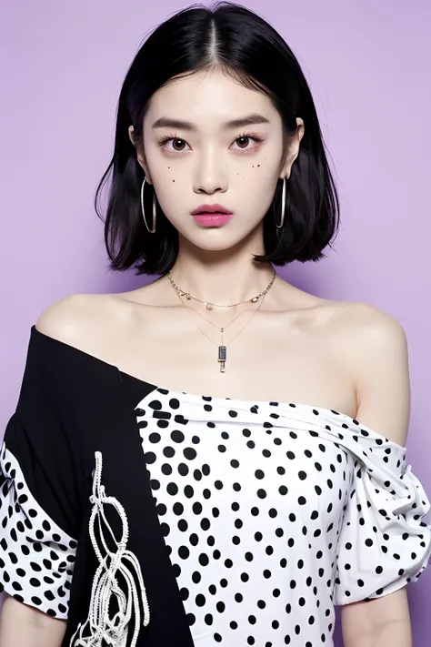 (extra detailed body、extra detailed face、best qualtiy:1.2)、femele、looking at the viewers、(Wacky fashion、Large shoulder-length piercings、a necklace、Clothes with a strong contrast of spotty and black and white、asymmetry)、(Light purple walls)