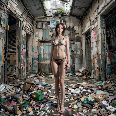 tmasterpiece，abandoned building，Garbage all over the ground，full-body portraits，Sexy standing pose，very beautiful long slim legs，The barefoot，Naked all over the body，full body exposed，exhibitionists，Systemic random exposure，face to the viewer