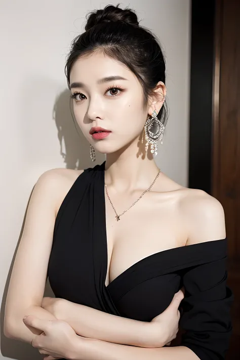 (extra detailed body、extra detailed face、best qualtiy:1.2)、femele、looking at the viewers、(Wacky fashion、Large shoulder-length piercings、a necklace、Iris color and clothes with strong contrast of black and white、asymmetry)、(Ivory wall)