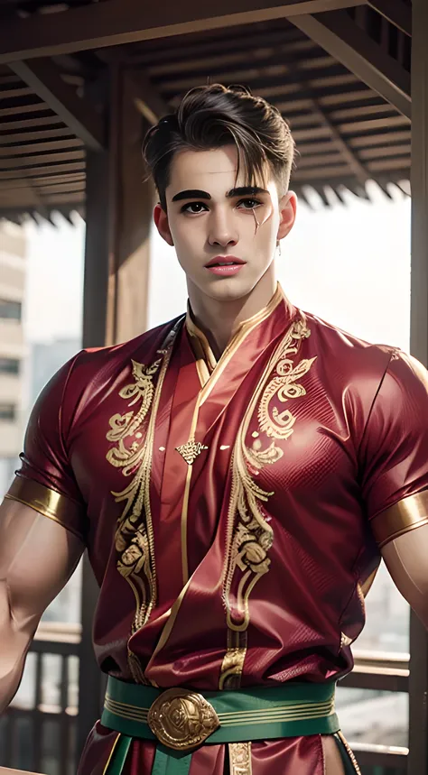 (((Men only))), ((head shot)), ((Pietro Boselli)),  ((wearing an green Indonesian traditional costume)), (Indonesian traditional costume reflects the diverse cultures of the nation, featuring vibrant fabrics, intricate patterns, and often includes a kebaya...