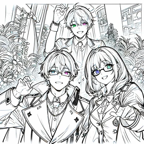 1 boy、A white-haired、purplish white eyes、maniacal grin、short messy hair、Portrait 、handsome 、heterochromia 、hair covering right eye、Stylish trenchcoat、wearing glasses