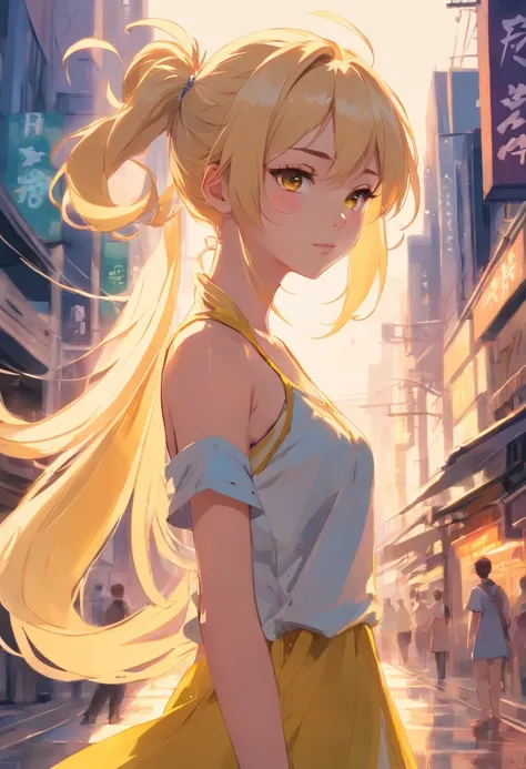 blonde long hair girl, double ponytail, facing at camera, artwork in the style of guweiz, fantasy setting, yellow dress