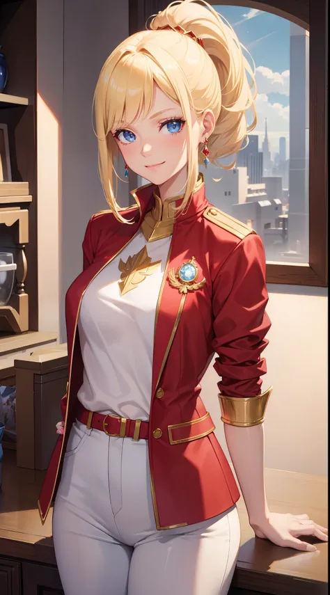 adult girl, short blonde hair, high ponytail, blue eyes, Smile, red jacket, white pants, diadem, Gold Elements, She-ra, Masterpiece, hiquality, 4k, HD, Good detail