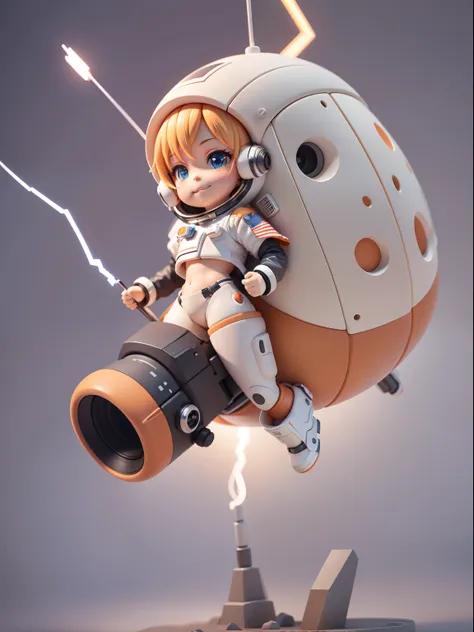 Cute girl ride on spaceship, Smile and cute pose ,Orange and white color, (Cute Astronaut: 1.331), Cute Style, Small, Big Head, 3D Rendering, ((Q Version)), Pokémon style, Machine Style, Cinematic Texture, Figures, Pokémon, Movie Lights, Heavy Robotic Arm,...