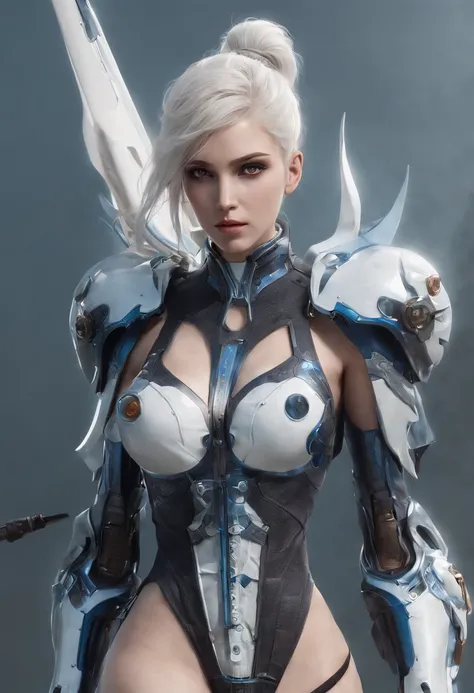 Cirilla Fiona Elen Riannon，Highest image quality，Outstanding details，超高分辨率，（Fidelity：1.4）, Favor the details，closeup cleavage，bow and arrows，High-tech dragon knight mech，He has a delicate and beautiful face，（（Blue-white flying semi-mechanical fuselage：1.8）...