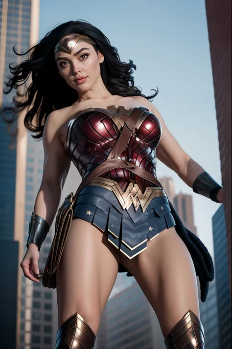 Wonder woman, Portrait photo by Altgarm, realism style, Glowing skin, Cartoon hero, Defined lips, Strong physical strength, Feminine body, Full body, viewer, Depth of field f/1.8, Building Street, natta, ultra wide lens, ((Shooting from below)), (large udd...