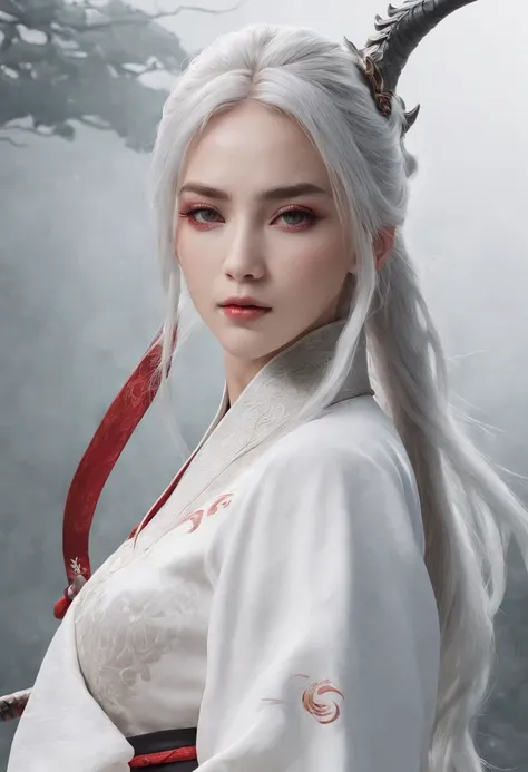 Cirilla Fiona Elen Riannon，动态照明，art  stations，poster for，Volumetriclighting，Very detailed faces，4k wallpapers，He has a delicate and beautiful face，long hair flowing，horse tailed，Fringed Hair Ornament，Dynamic perspective，White Hanfu，White gauze flying，red w...