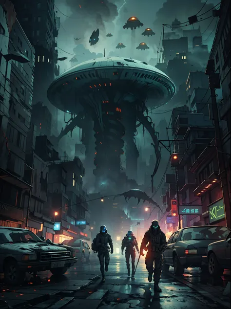 "Creepy and intense alien invasion scene with dark atmosphere, dramatic lighting, and intense action. Show powerful extraterrestrial creatures, advanced technology, destroyed cityscape, panicked civilians, and a sense of imminent danger. Generate an unsett...