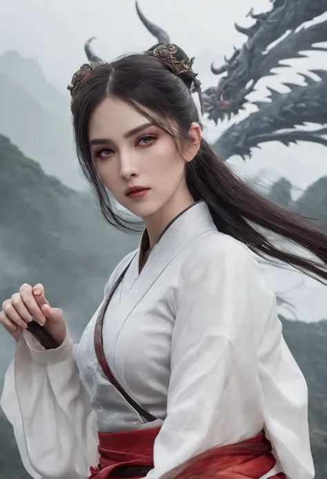 Cirilla Fiona Elen Riannon，动态照明，art  stations，poster for，Volumetriclighting，Very detailed faces，4k wallpapers，He has a delicate and beautiful face，long hair flowing，horse tailed，Fringed Hair Ornament，Dynamic perspective，White Hanfu，White gauze flying，red w...