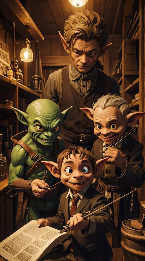 Design an image that portrays goblins as puppeteers controlling the strings of various global industries.