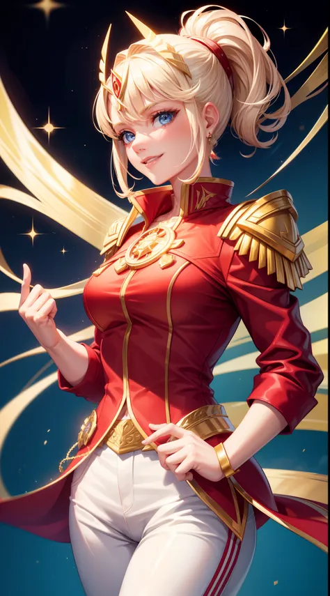 adult girl, short blonde hair, high ponytail, blue eyes, Smile, red jacket, white pants, diadem, Gold Elements, She-ra, Masterpiece, hiquality, 4k, HD, Good detail