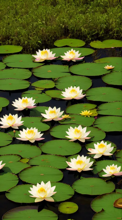 There is a yellow flower floating on top of a lake, lotuses, Lotus Flower, refletindo a flor, lotus flowers, with lotus flowers, lotus petals, lotus flowers on the water, luz dourada suave, lotuses, standing gracefully upon a lotus, sitting on a lotus flow...