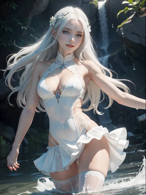 Natural steppes,Under the heavy rain,sodden,Transparent skin,White goddess blue eyes in human shape,White hair,beautiful body of a flower of a very attractive age with white pubic hair,,,White Isekai Dress,Frolic cheerfully,A smile,Dancing,Skinny Legs,The ...