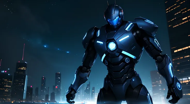 man wearing robot suit with sophisticated equipment, and blue glows surrounding them, creating the impression, he is attacking a person, night sky with city lights as background creates dramatic space