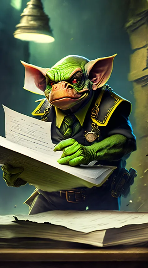 Depict a goblin stealing classified documents from a high-security government facility.