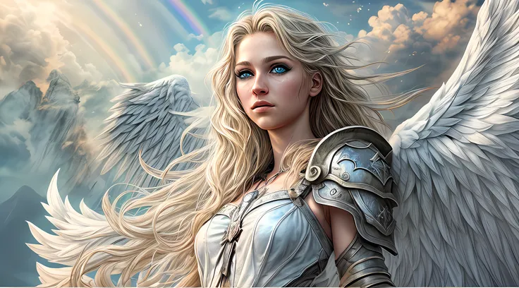 high details, best quality, 16k, [ultra detailed], masterpiece, best quality, dynamic angle, ultra wide shot, RAW, photorealistic, fantasy art, realistic art, a picture of an archangel flying in a the sky between the clouds, fantasy art, RPG art, a full di...