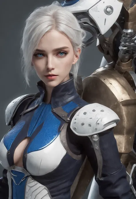 Cirilla Fiona Elen Riannon，Highest image quality，Outstanding details，超高分辨率，（Fidelity：1.4）, Favor the details，closeup cleavage，katana swords，High-tech dragon knight mech，He has a delicate and beautiful face，（（Blue-white flying semi-mechanical fuselage：1.8））...