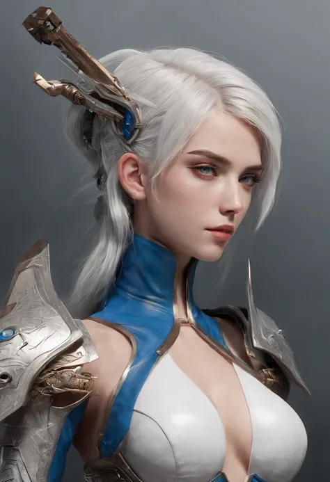 Cirilla Fiona Elen Riannon，Highest image quality，Outstanding details，超高分辨率，（Fidelity：1.4）, Favor the details，closeup cleavage，katana swords，High-tech dragon knight mech，He has a delicate and beautiful face，（（Blue-white flying semi-mechanical fuselage：1.8））...