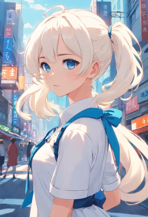 White color hair，Double ponytail curls，blue color eyes，White Lolita，Beth，A bustling city street