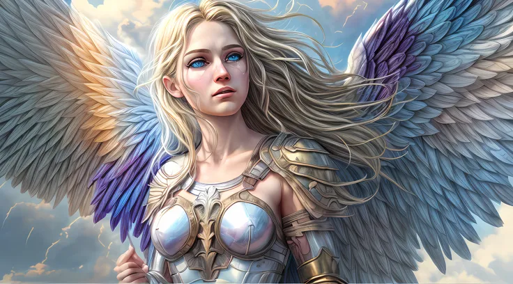 high details, best quality, 16k, [ultra detailed], masterpiece, best quality, dynamic angle, ultra wide shot, RAW, photorealistic, fantasy art, realistic art, a picture of an archangel flying in a the sky between the clouds, fantasy art, RPG art, a full di...