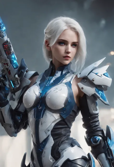 Cirilla Fiona Elen Riannon，Highest image quality，Outstanding details，超高分辨率，（Fidelity：1.4）, Favor the details，closeup cleavage，katana swords，High-tech dragon knight mech，He has a delicate and beautiful face，（（Blue-white flying semi-mechanical fuselage：1.8））...