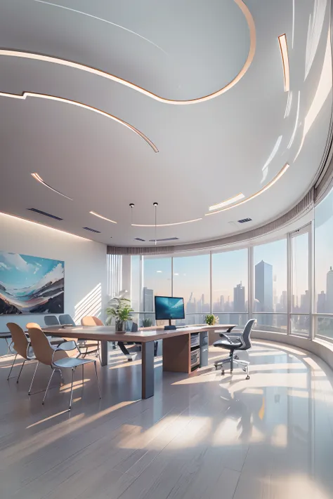 office room，There is a wall in the middle of the office,The painting on the wall is in the middle, Paintings on the walls, skyscape, Large airy windows, Zaha Hadid and Santiago Calatrava landscape panoramic style, Fish, Clear light, Edge lighting, Perfect ...