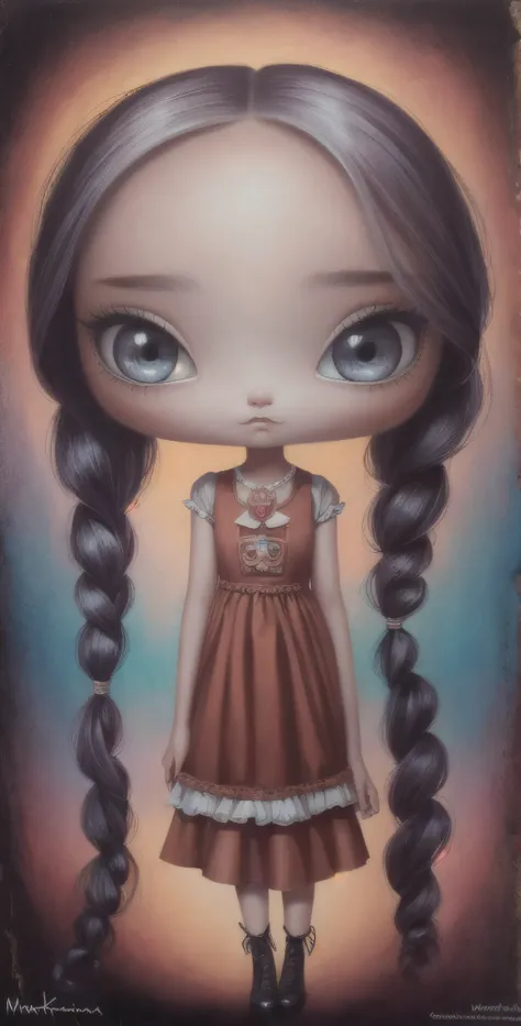 fondo liso de fantasia, nariz de payaso, Pintura de una chica con cabello largo y un vestido con trenzas, inspirado por Mark Ryden, Estilo de Mark Ryden, Estilo Mark Ryden, benjamin lacombe, Mark Ryden muy detallado, Mark Ryden en el estilo de, Inspirado e...