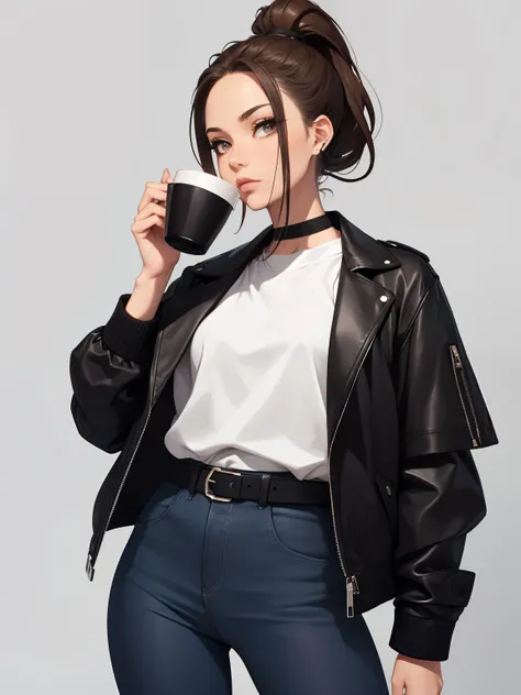 Female drinking a coffee.  makeup, mascara, Lips are subdued or  colors, Minimalism, monotone, brunette with blond strands, simple color palettes, bun hair, ponytail hairstyles, Clean, sharp designs, flowing silhouettes, loose pants, Tight jeans  jacket hi...