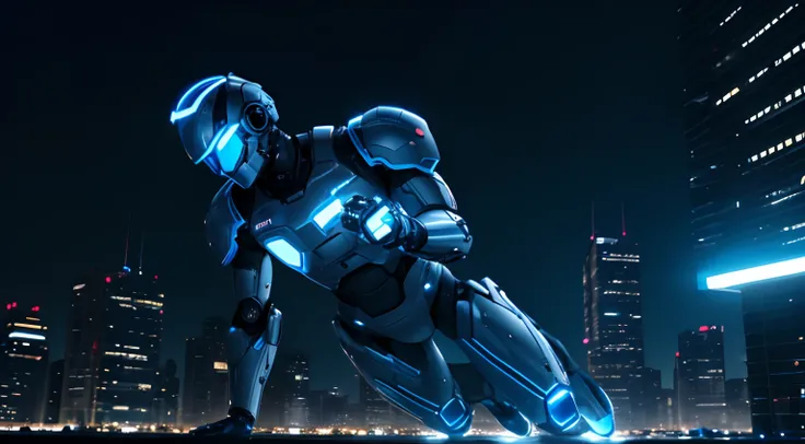 man wearing a robot suit with sophisticated equipment, and blue glows surrounding them, creating the impression of him falling to the ground, night sky with city lights in the background creating dramatic space