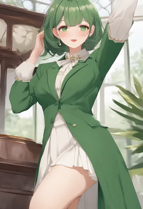 ((​masterpiece、top-quality))、(独奏)、(female focus)、(Ahoge、Green hair、short-hair)、girl with、ENFP、a smile、placket、gregarious、(Green Suit)、is standing、Green and white background、dynamic ungle