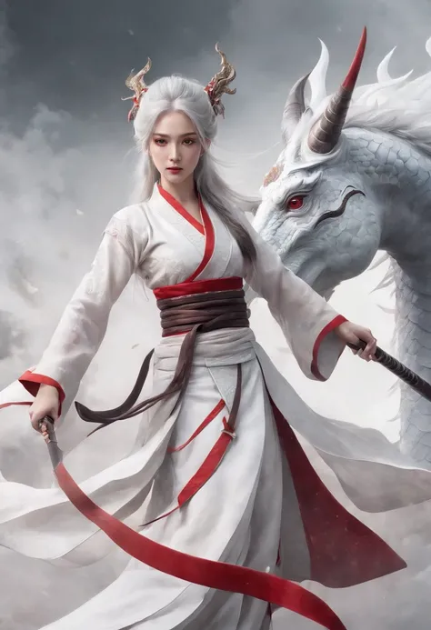 Cirilla Fiona Elen Riannon，动态照明，art  stations，poster for，Volumetriclighting，Very detailed faces，4k wallpapers，He has a delicate and beautiful face，long hair flowing，horse tailed，Fringed Hair Ornament，Dynamic perspective，White Hanfu，White gauze flying，red w...