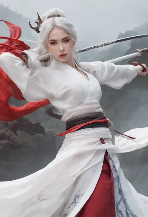 Cirilla Fiona Elen Riannon，动态照明，art  stations，poster for，Volumetriclighting，Very detailed faces，4k wallpapers，He has a delicate and beautiful face，long hair flowing，horse tailed，Fringed Hair Ornament，Dynamic perspective，White Hanfu，White gauze flying，red w...