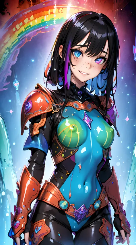 girl, freckles, armor, rainbow, grinning, wet, high quality,