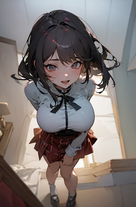 top-quality、​masterpiece、超A high resolution、女の子1人、pov、(sadist:1.5、sadism:1.3、valley、 校服、white  shirt、Red checked skirt、A big smile:1.3、Open mouth）、Sensual and seductive gaze、Dark hair、cabelos preto e longos、glowy skin、Wet body、Dramatic Writing、Huge breasts...