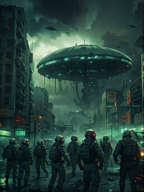 "Creepy and intense alien invasion scene with dark atmosphere, dramatic lighting, and intense action. Show powerful extraterrestrial creatures, advanced technology, destroyed cityscape, panicked civilians, and a sense of imminent danger. Generate an unsett...