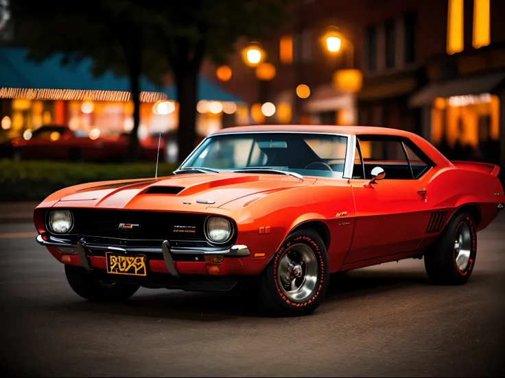 a photo of a vintage Chevrolet Camaro, perfect replica of a toy car, zoomed-out view, full body view, centered, detailed miniatures, from the year 1968, an autum, urban street, at blue hour, with cloudy sky, low angle view, tilt-shift, toy camera style, hi...