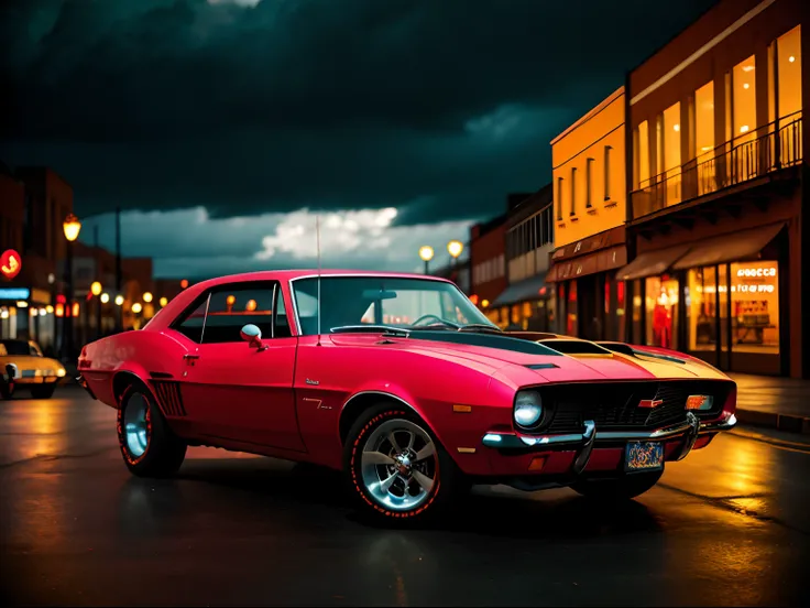 a photo of a vintage Chevrolet Camaro, perfect replica of a toy car, zoomed-out view, full body view, centered, detailed miniatures, from the year 1968, an autum, urban street, at blue hour, with cloudy sky, low angle view, tilt-shift, toy camera style, hi...