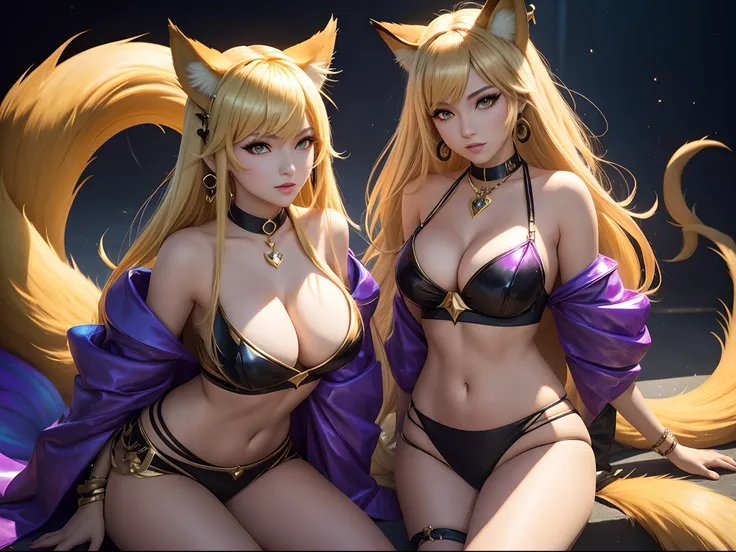 K/Da_ahri, 1girll, ahri (League of Legends), Breasts, Animal ears, Blonde hair, Solo, Fox ears, K/Da (League of Legends), Long hair, cleavage, Tail, whisker markings, view the viewer, face markings, choker necklace, Large breasts, Bare shoulders, Fox tail,...