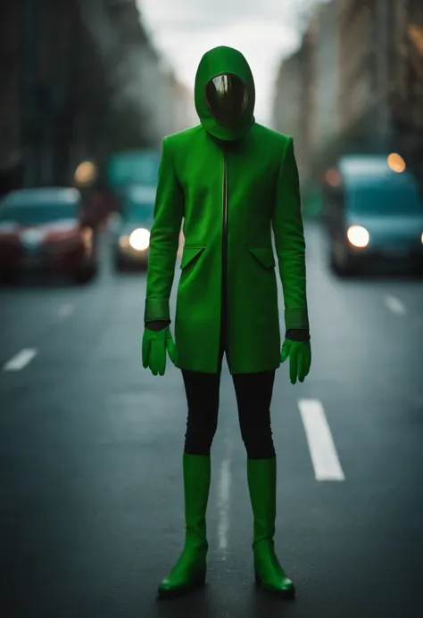 portrait of green allien standing in the middle of a street