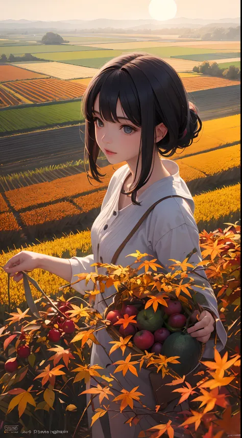 (The autumn sun is just right, The earth becomes colorful. In the countryside, There are thousands of miles of fertile fields, Fragrant rice and fruits, And endless "abundant" Light, Create delightful scenes:1.65),abstracted (anime big breast:0.1), Absurd ...