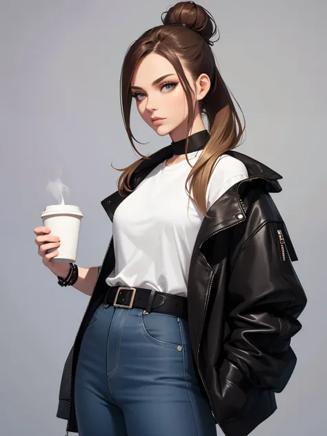 Female drinking a coffee.  makeup, mascara, Lips are subdued or  colors, Minimalism, monotone, brunette with blond strands, simple color palettes, bun hair, ponytail hairstyles, Clean, sharp designs, flowing silhouettes, loose pants, Tight jeans  jacket hi...