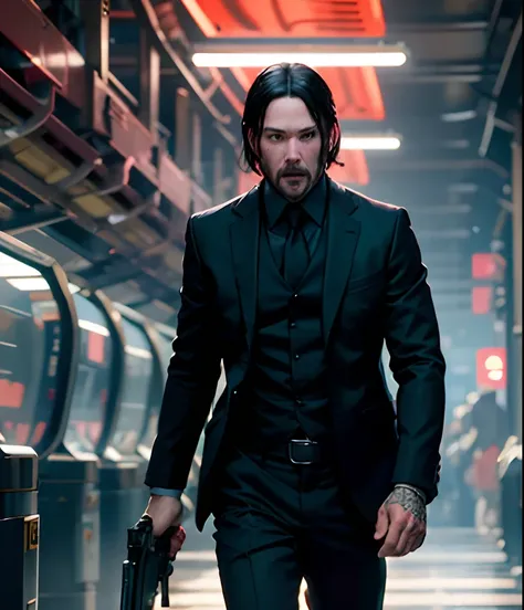 john wick 2 action screenshot keanu reeves as john wick weapon, gun, 1boy, male focus, facial hair, handgun, solo,high Quality, Super high Quality