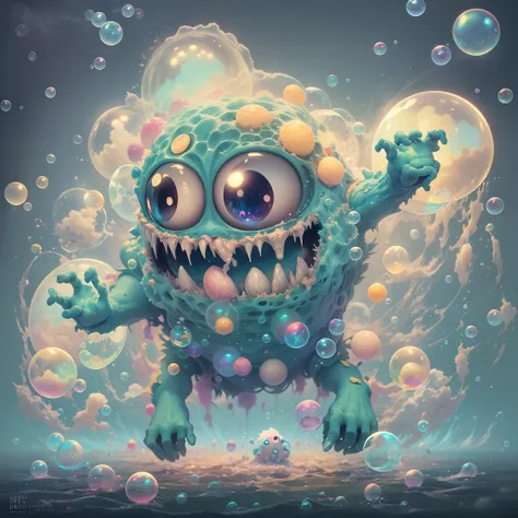 Soap Bubble Monster: A monster made of glowing soap bubbles floating in the air. cartoon