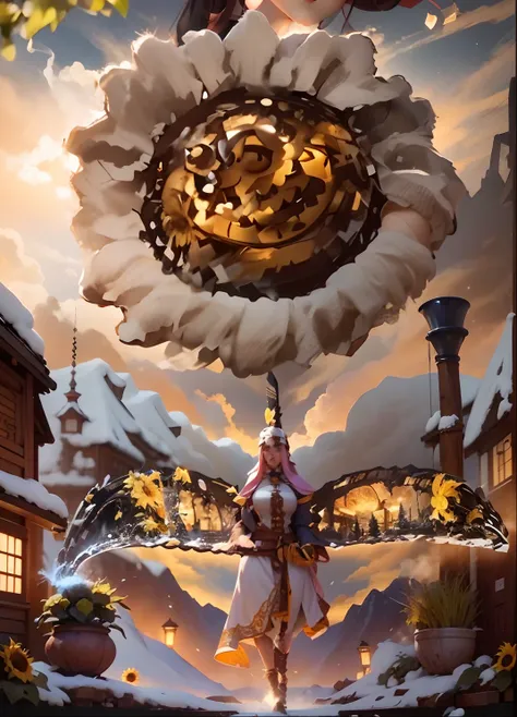 In a very grand scene，The extra-large wide-angle lens captures the appearance of a female centaur。She is a Sunflower Worship nun，Always opposed（Healing smiley face of knitted sunflower puppet😊：99.99）DOA。She is tall，It has the ultimate curvy beauty，The musc...