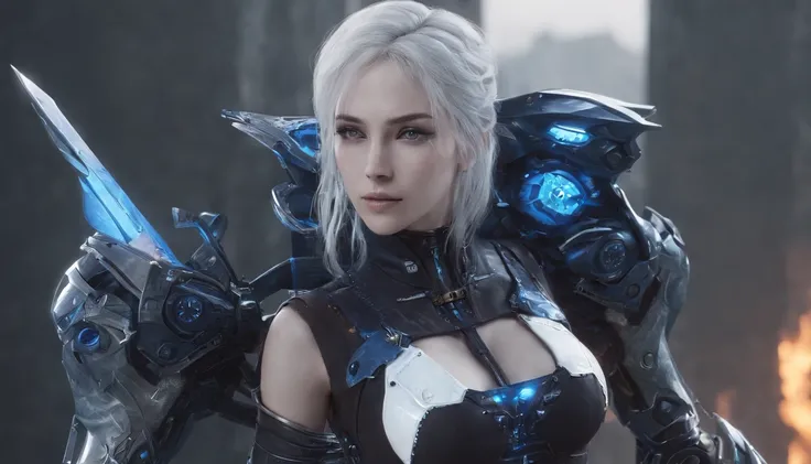 Cirilla Fiona Elen Riannon，Highest image quality，Outstanding details，超高分辨率，（Fidelity：1.4）, Favor the details，closeup cleavage，katana swords，High-tech dragon knight mech，He has a delicate and beautiful face，（（Blue-white flying semi-mechanical fuselage：1.8））...