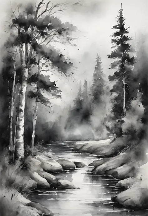 Black and white landscape watercolor