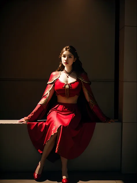 tmasterpiece， best qualtiy， hyper realisitc， Cinematic lighting effects， Extremely beautiful young lady，Full body photo，sitting on wall, Light makeup，big breast， Intricate details eaba，Medium shot, red capelet，ultra - detailed，