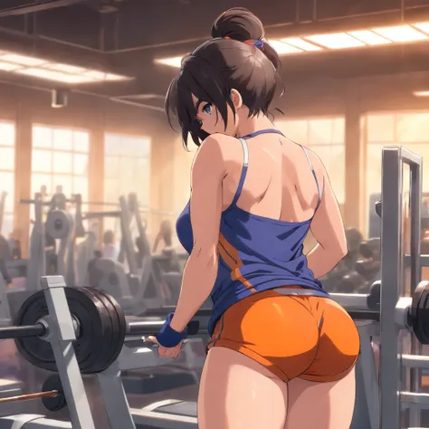 Back view, Detailed illustration Mr.... bum, dragonball z, Big muscle gluteal flexing in gym clothes in bodybuilding gym, full bodyesbian