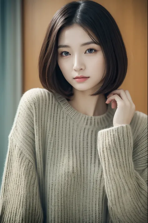 a close up of a woman in a sweater posing for a picture, Middle metaverse, 奈良美智, japanese model, beautiful asian girl, with short hair, 2 4 year old female model, 4 k ], 4k], 2 7 years old, sakimichan, sakimi chan